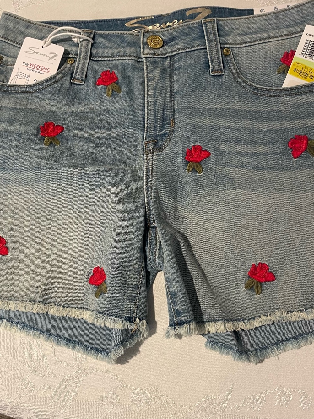 Seven7 Light Blue Denim Shorts with Red Rose Appliqué